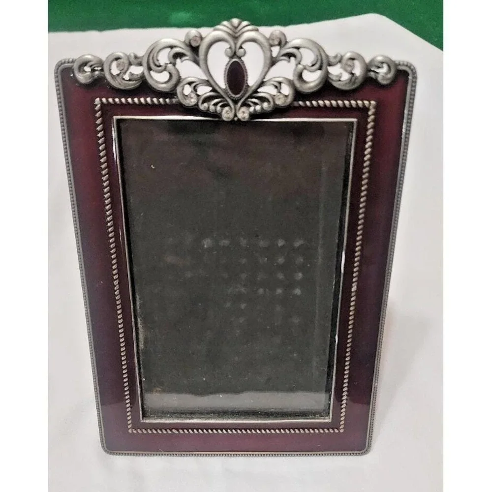 Vintage Ornate Burgundy Enamel Silver Tone Filigree Rhinestone 4x6 Picture Frame